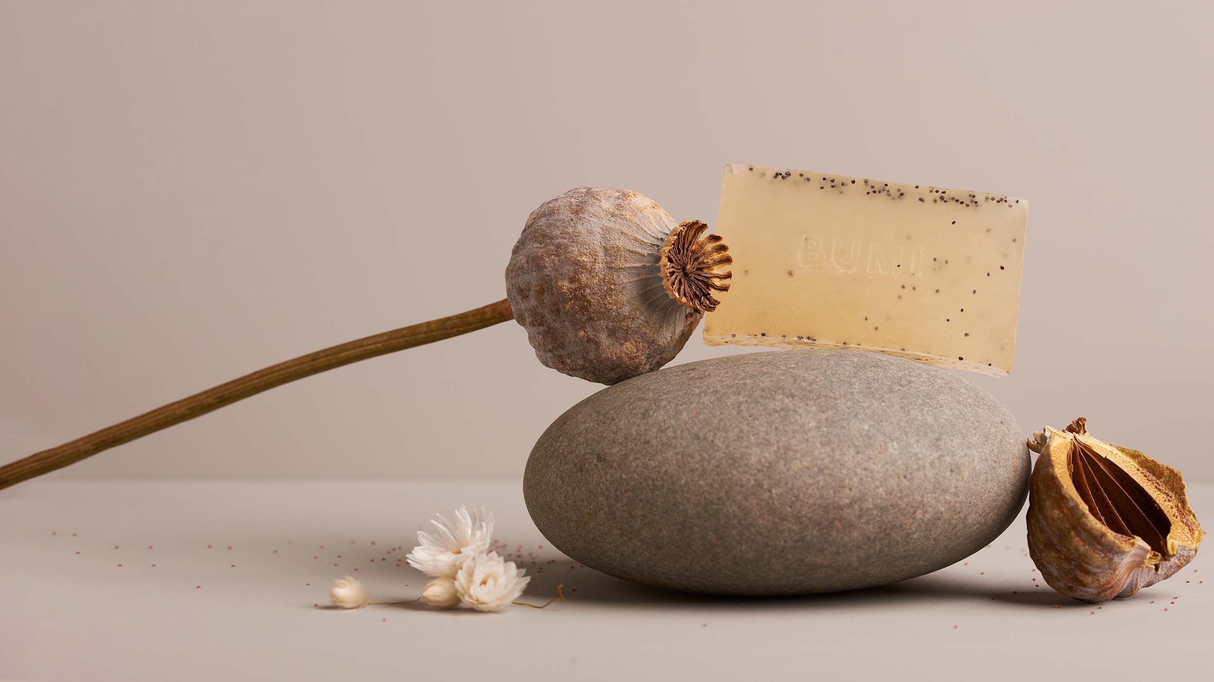 Product photography for Bumi Bars - natural food product with organic styling and elegant presentation